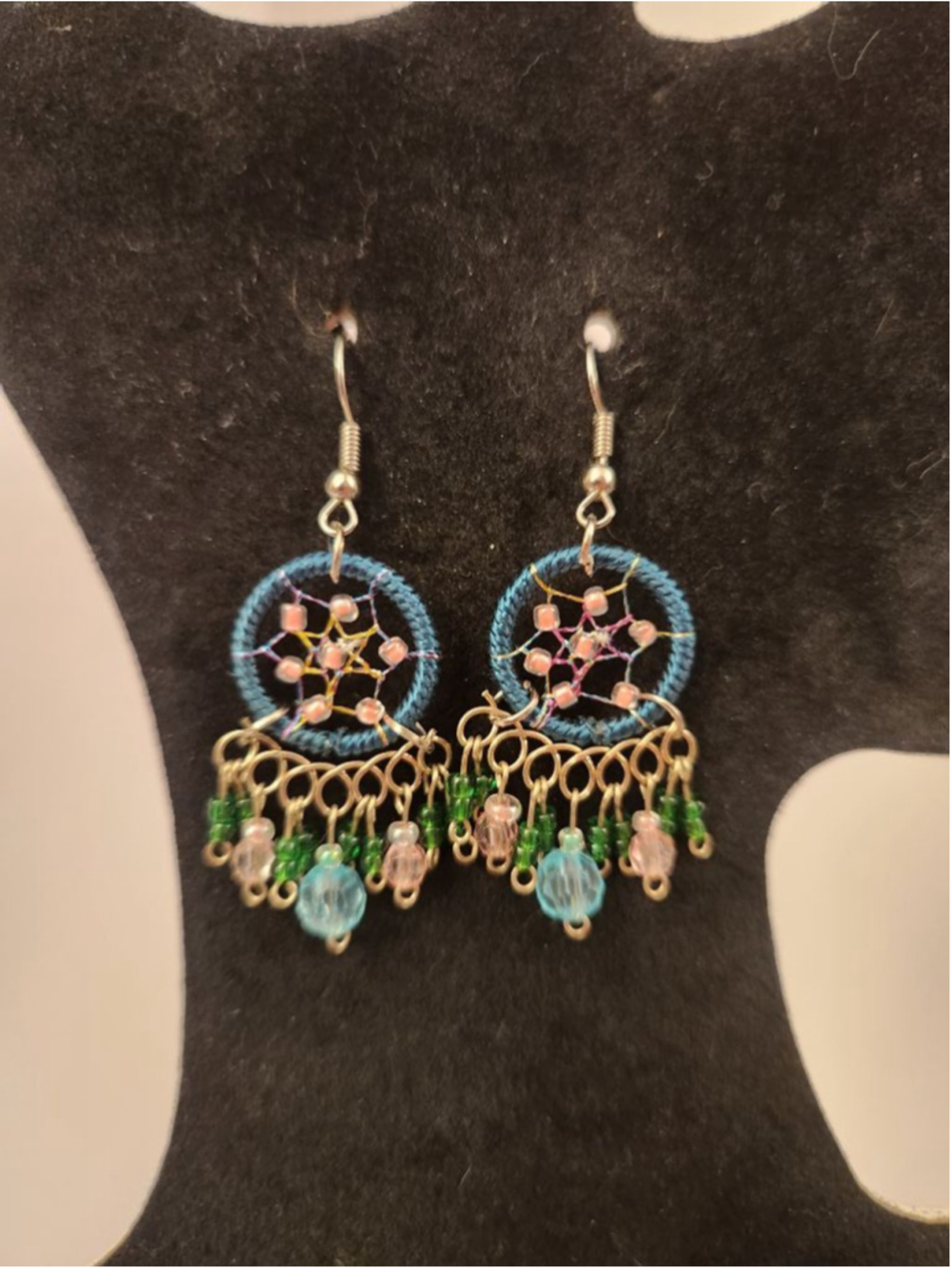 Spirit of Nature Dream Catcher Earrings Blue Green Beaded